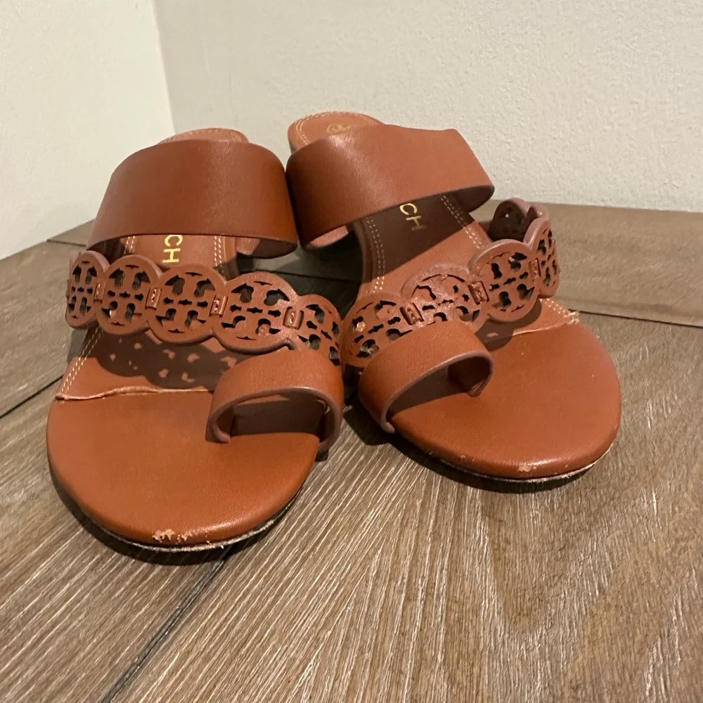 Tory Burch Tiny Miller Toe Ring Block Heeled Sandals Burnt Cuoio Size 8 - Picture 4 of 7
